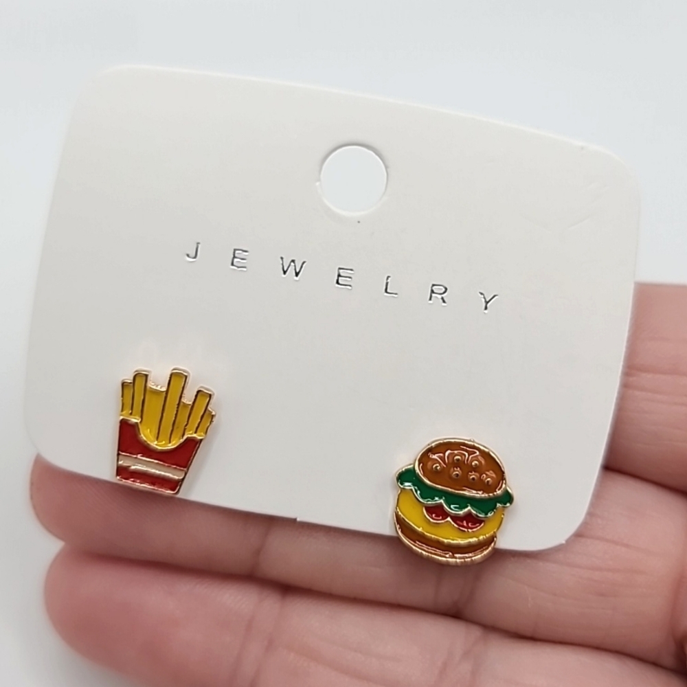 Cute! Hamburger & Fries Mismatched Sterling over Gold Earring Set - Picture 2 of 3